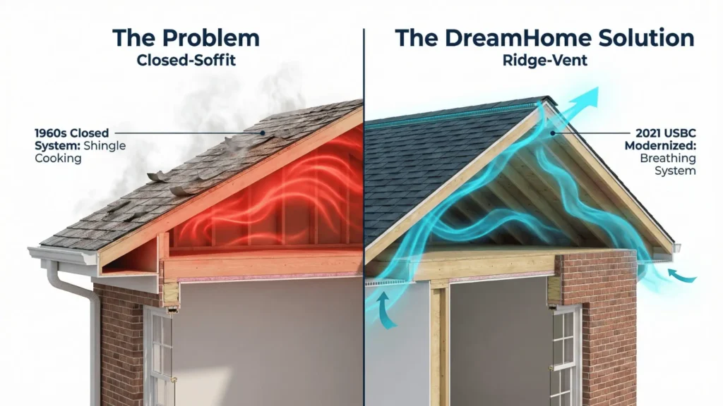 Technical roofing infographic by DreamHome Remodeling for Annandale, VA (22003). The graphic illustrates the "Shingle Cooking" effect caused by poor attic ventilation in 1960s homes and how DreamHome modernizes systems to meet 2021 Virginia building codes.