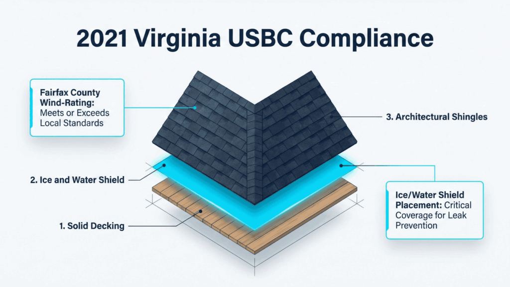 A technical roofing infographic by DreamHome Remodeling illustrating strict adherence to the 2021 Virginia Uniform Statewide Building Code (USBC) for Fairfax County projects. The graphic details Northern Virginia wind-resistance ratings, ice and water shield placement requirements, and manufacturer-certified material performance standards. Visualized in brand Deep Navy and Bright Cyan colors to represent engineering precision and local building authority.