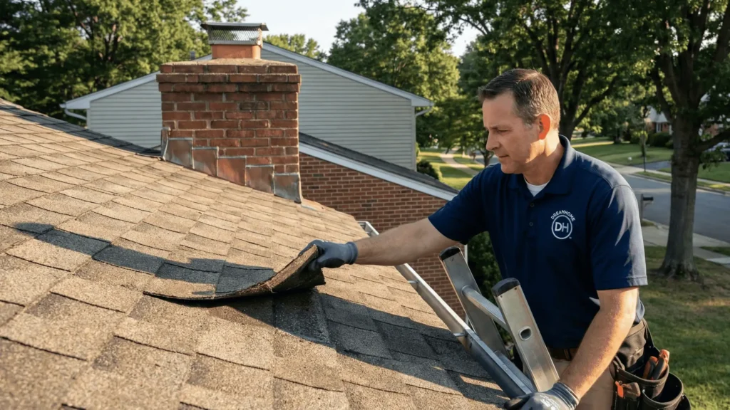 A professional DreamHome Remodeling inspector in a branded navy polo performing a technical thermal scan on an Annandale, VA brick rambler. He is diagnosing "shingle cooking" and ventilation imbalance to determine if the 22003 home needs Roof Maxx® or a code-compliant replacement.