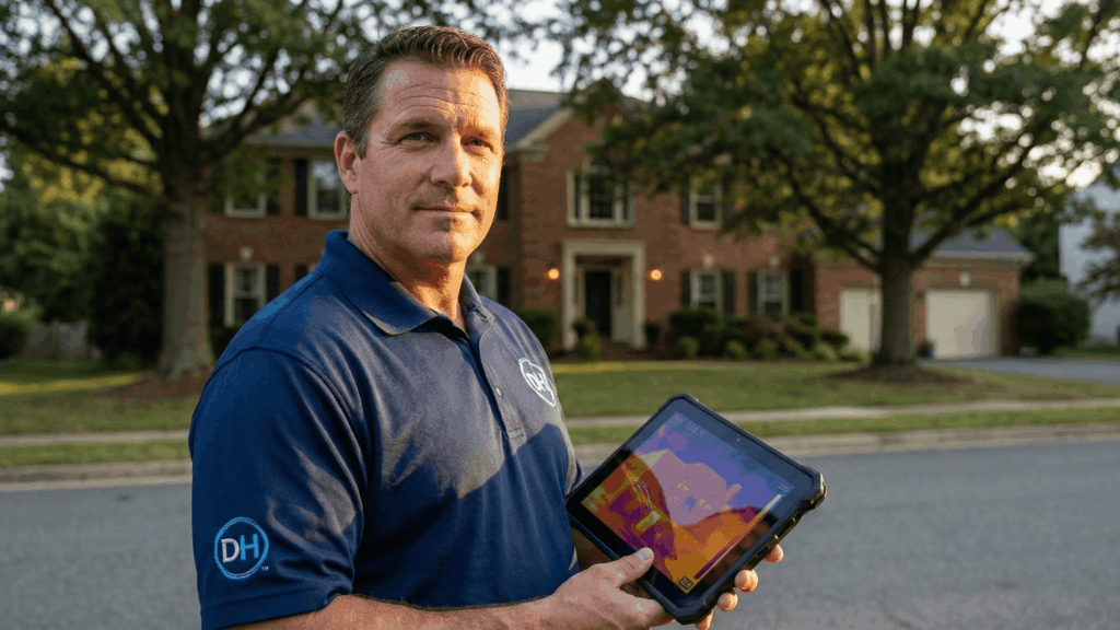 A professional DreamHome Remodeling inspector wearing a branded navy polo with the DH logo, conducting a high-tech thermal roof inspection in Springfield, VA. DreamHome is a licensed Class A contractor and authorized Roof Maxx dealer based on Fullerton Road. Image Title: DreamHome Springfield Hub: Evidence-Based Roofing Authority