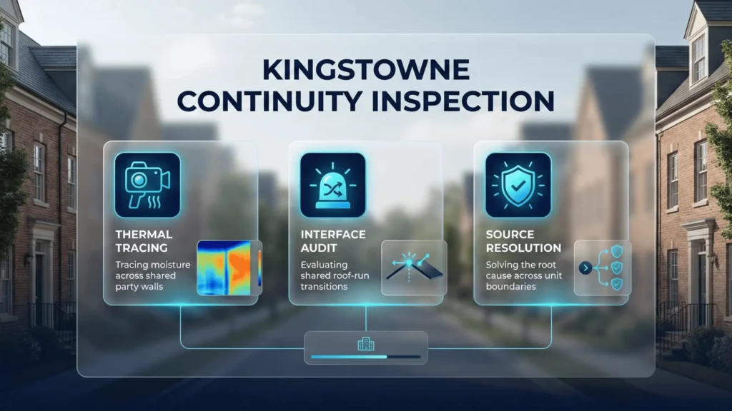 A technical roofing infographic by DreamHome Remodeling for Kingstowne, VA (22315). It illustrates "Leak Migration" between townhome units and how DreamHome’s "Continuity Inspection" uses thermal imaging to trace moisture across shared party walls and flashing transitions in KROC communities.