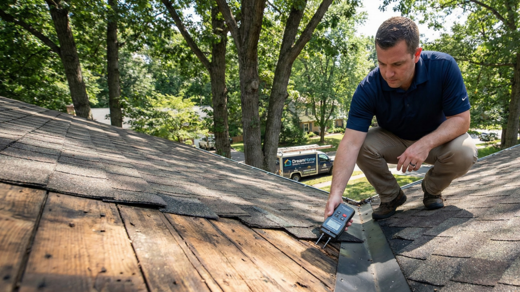 A professional DreamHome Remodeling inspector in a branded navy polo performing a digital thermal scan on a shaded roof in West Springfield, VA. He is assessing moss-driven moisture and Roof Maxx eligibility in the 22152 zip code near Lake Accotink.