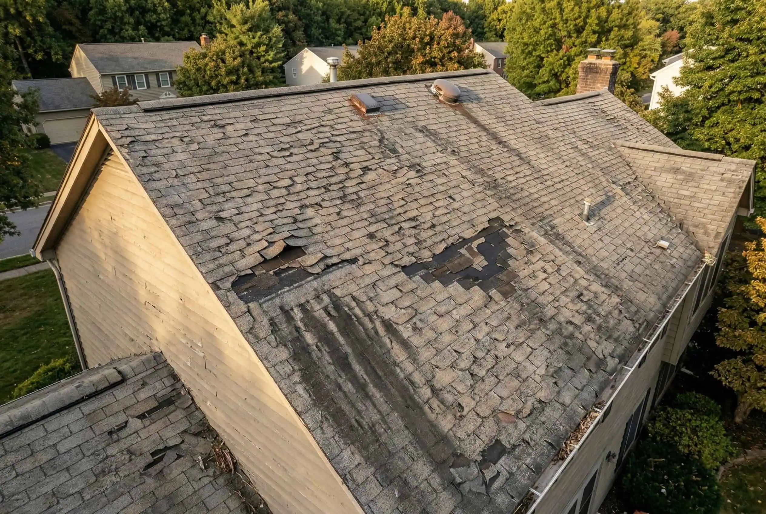 Residential roof showing multiple warning signs including curling shingles, granule loss, missing shingles, flashing failure, and algae growth