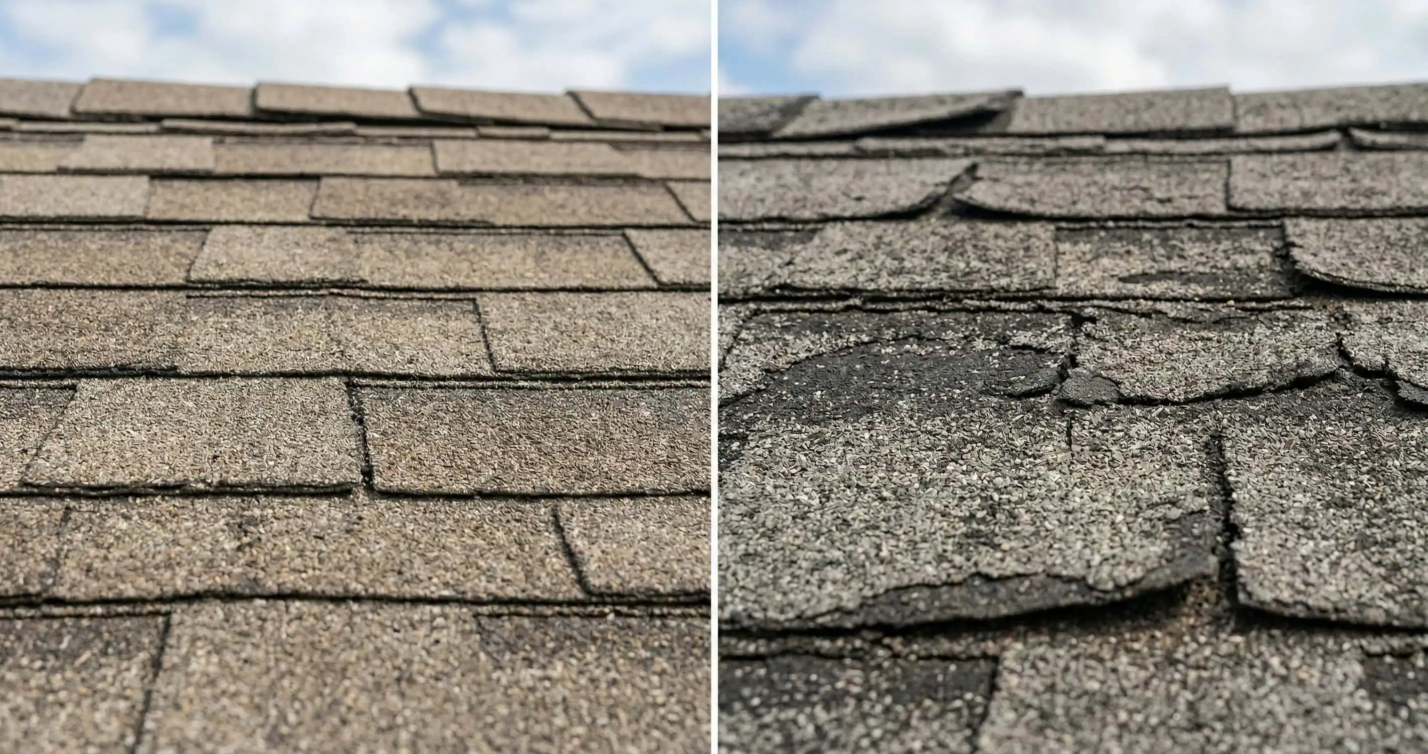 Side-by-side comparison of asphalt shingles eligible for Roof Maxx treatment versus shingles past eligibility showing cracking and severe granule loss