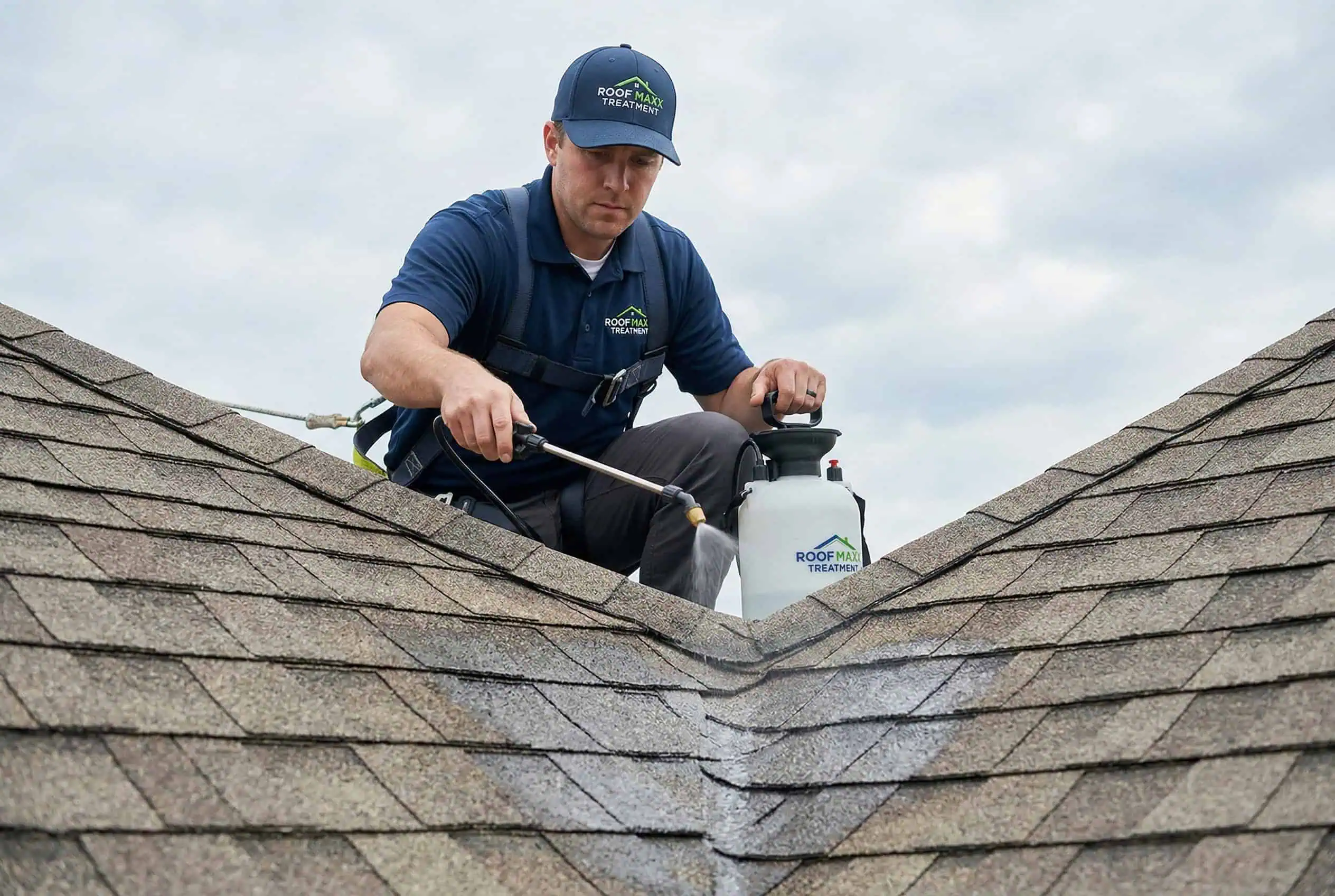 DreamHome technician applying Roof Maxx treatment to asphalt shingles using a pump sprayer — Northern Virginia roof rejuvenation service