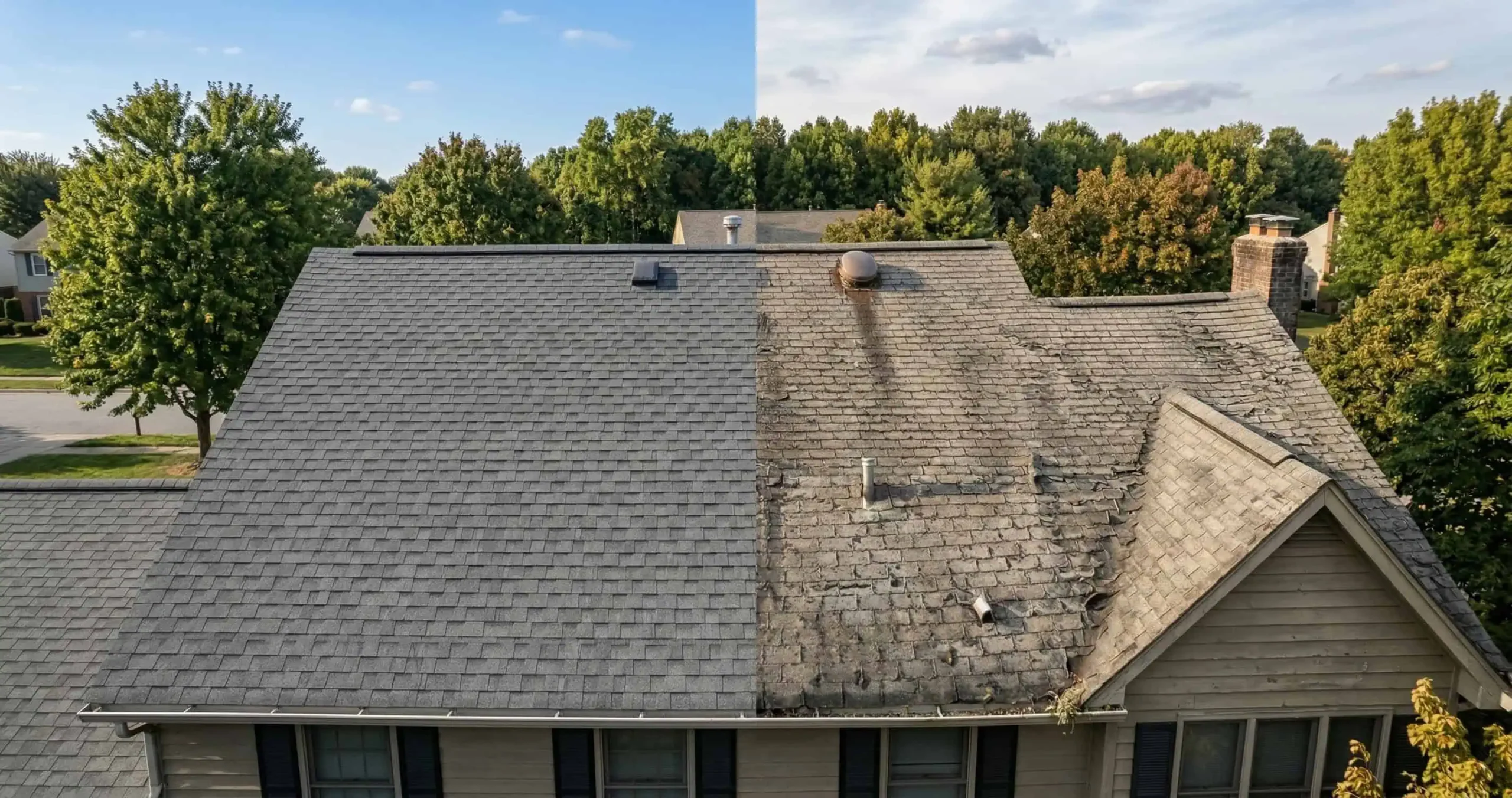Side-by-side comparison of a well-maintained roof in good condition versus a deteriorated roof showing granule loss, curling and algae