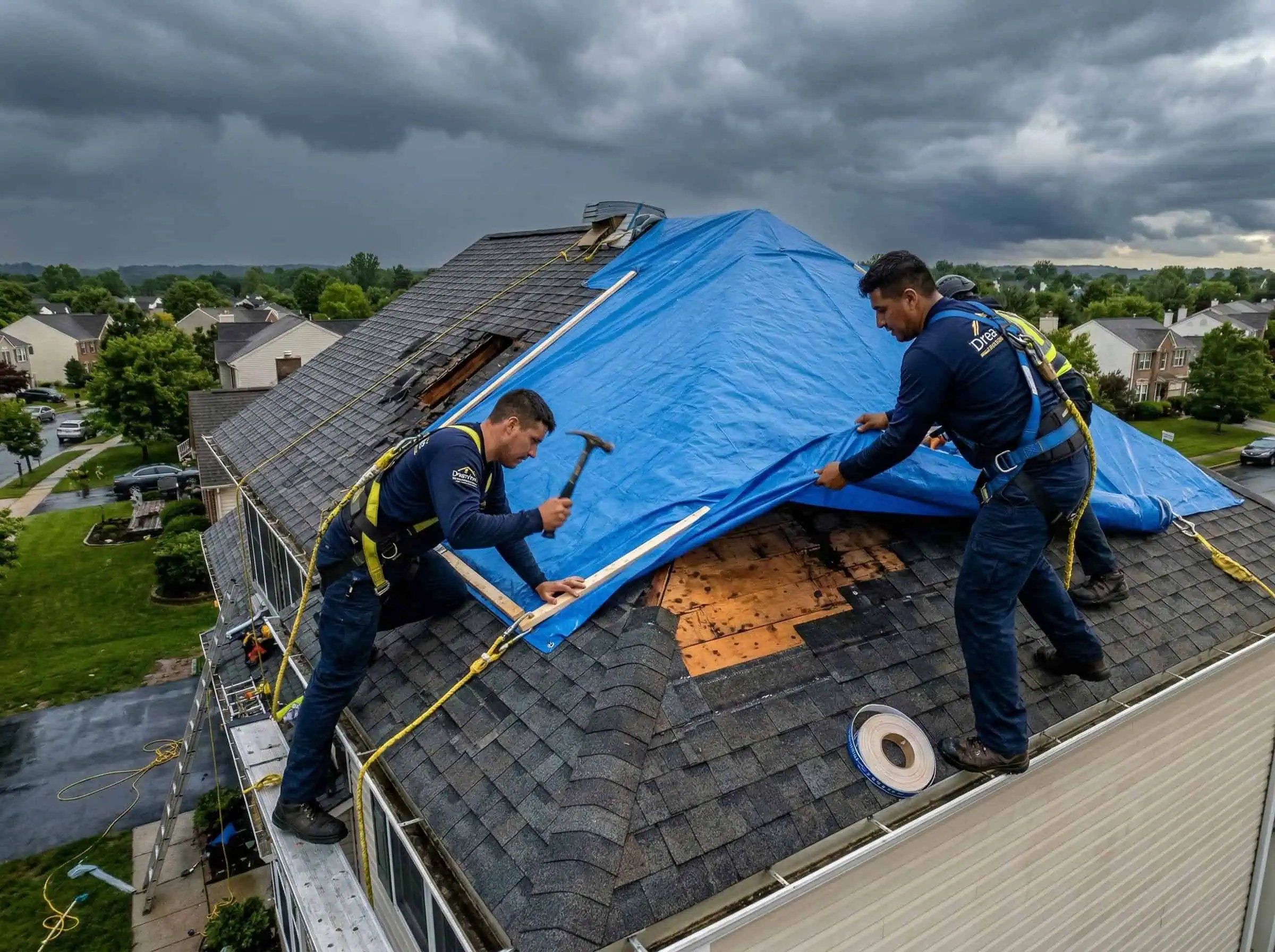 DreamHome crew installing emergency weatherproofing tarp on storm-damaged roof in Northern Virginia