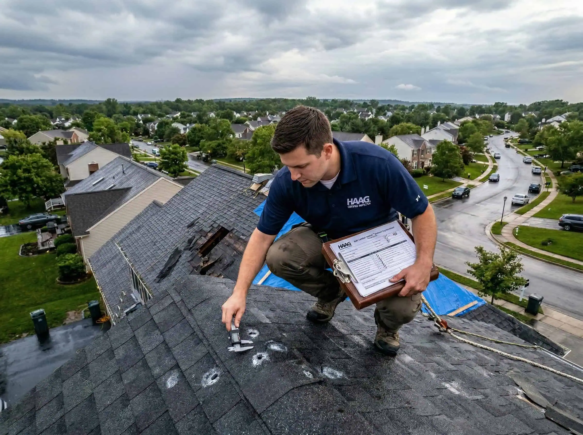 HAAG-certified inspector documenting hail damage on a Northern Virginia roof