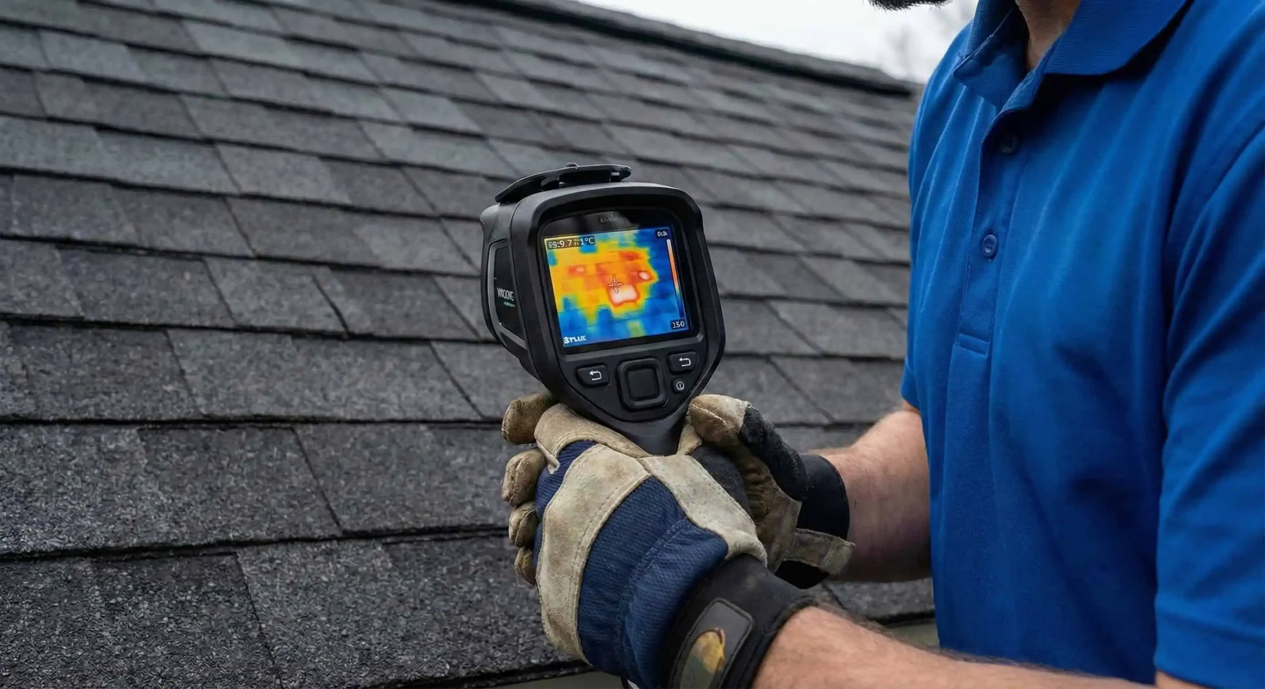 DreamHome inspector using thermal imaging camera during roof inspection in Northern Virginia
