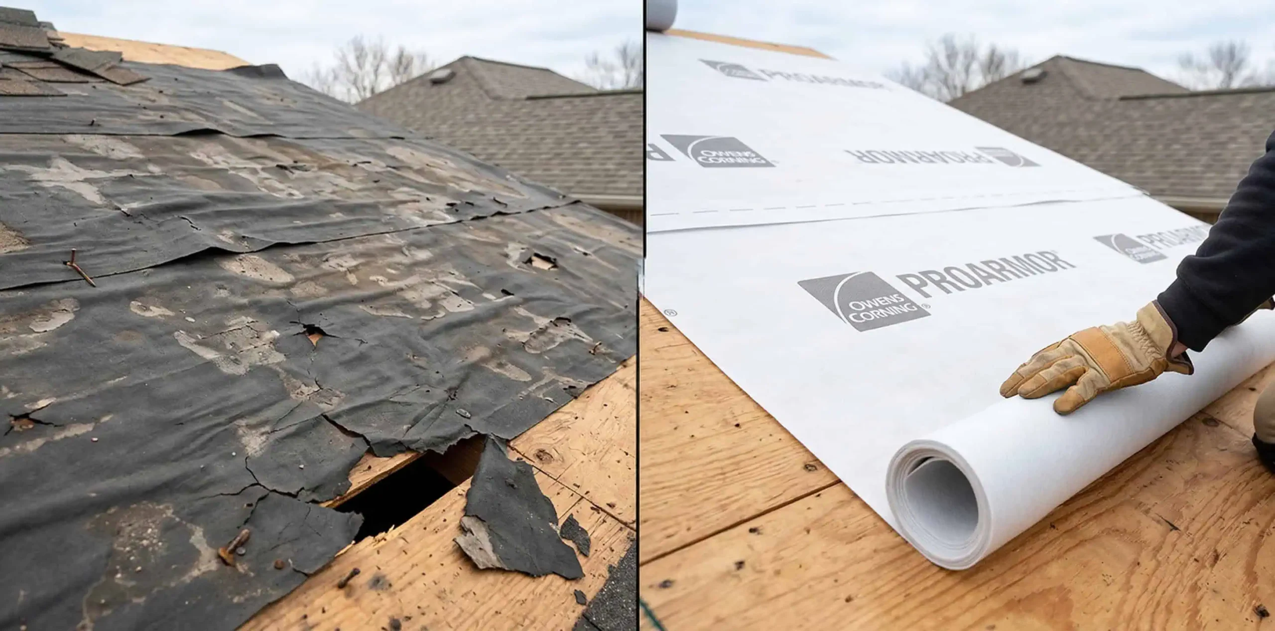 Side by side comparison of deteriorated felt paper underlayment versus Owens Corning ProArmor synthetic underlayment installation on a Northern Virginia roof